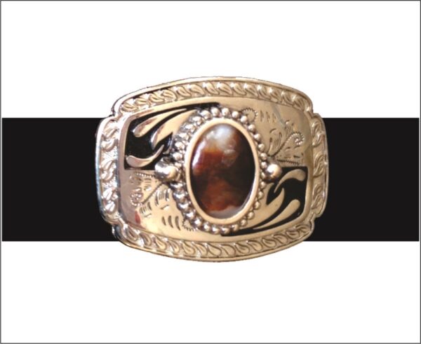 Belt Buckle with Dark Fire Agate Gemstone on Gold Buckle - BB AGFR1