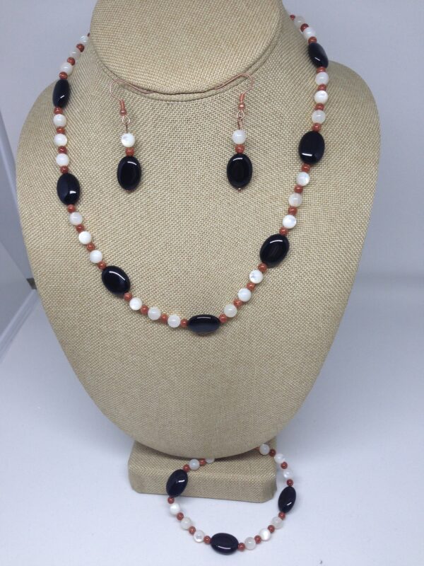 Necklace Set Black Onyx and White Moonstone and Red Goldstone Beads -NSBO5