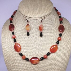 Orange Carnelian and Black Onyx Necklace With Earrings