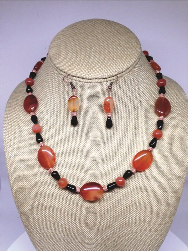Orange Carnelian and Black Onyx Necklace With Earrings