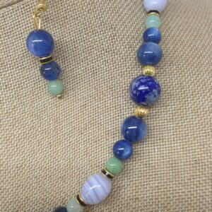 Blue Necklace with Lapis, Blue Lace Agate and green beads.