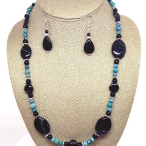 Necklace Set Black Zebra Onyx and Blue Turquoise - NSONX4