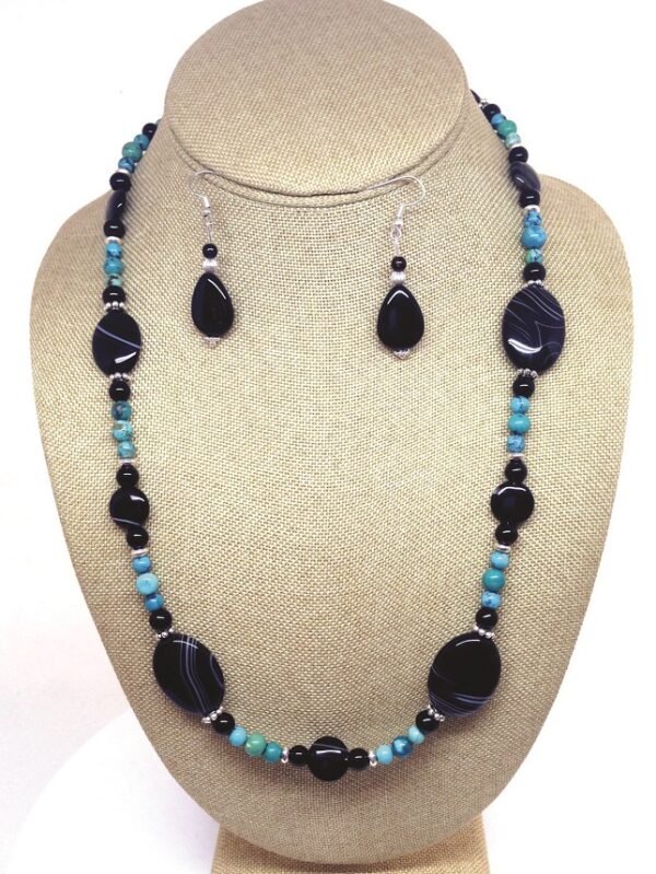 Necklace Set Black Zebra Onyx and Blue Turquoise - NSONX4