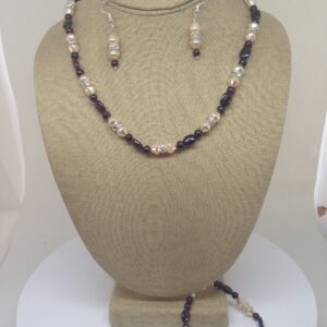 Necklace Set Real Cream Pearls and Red Garnet - NSPB3