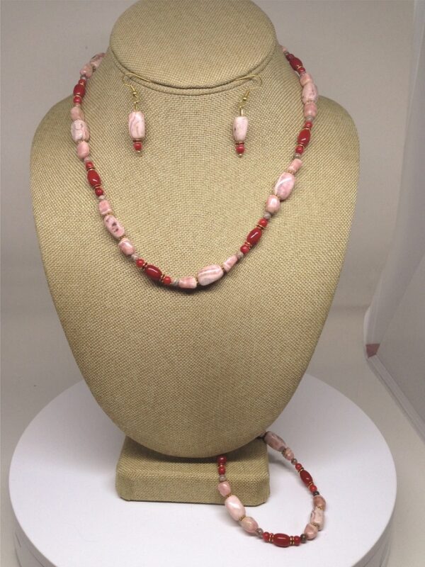 Necklace Set Pink Rhodochrosite and Red Coral Beads - NSRHO5