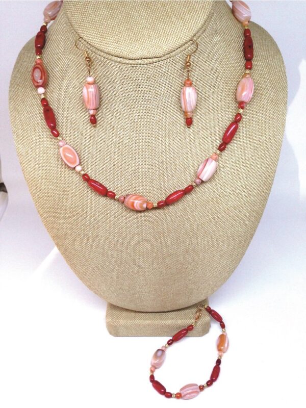 Necklace Set Pink Rhodochrosite and Red Coral - NSRHO6