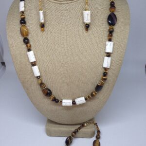 Necklace Set Golden Brown Tigers Eye and White Howlite Beads - NSTE1