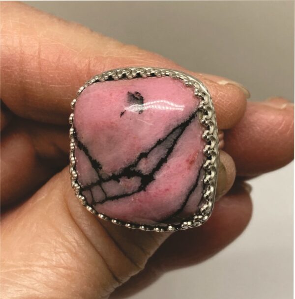 Pink Rhodonite Ring With Black Design